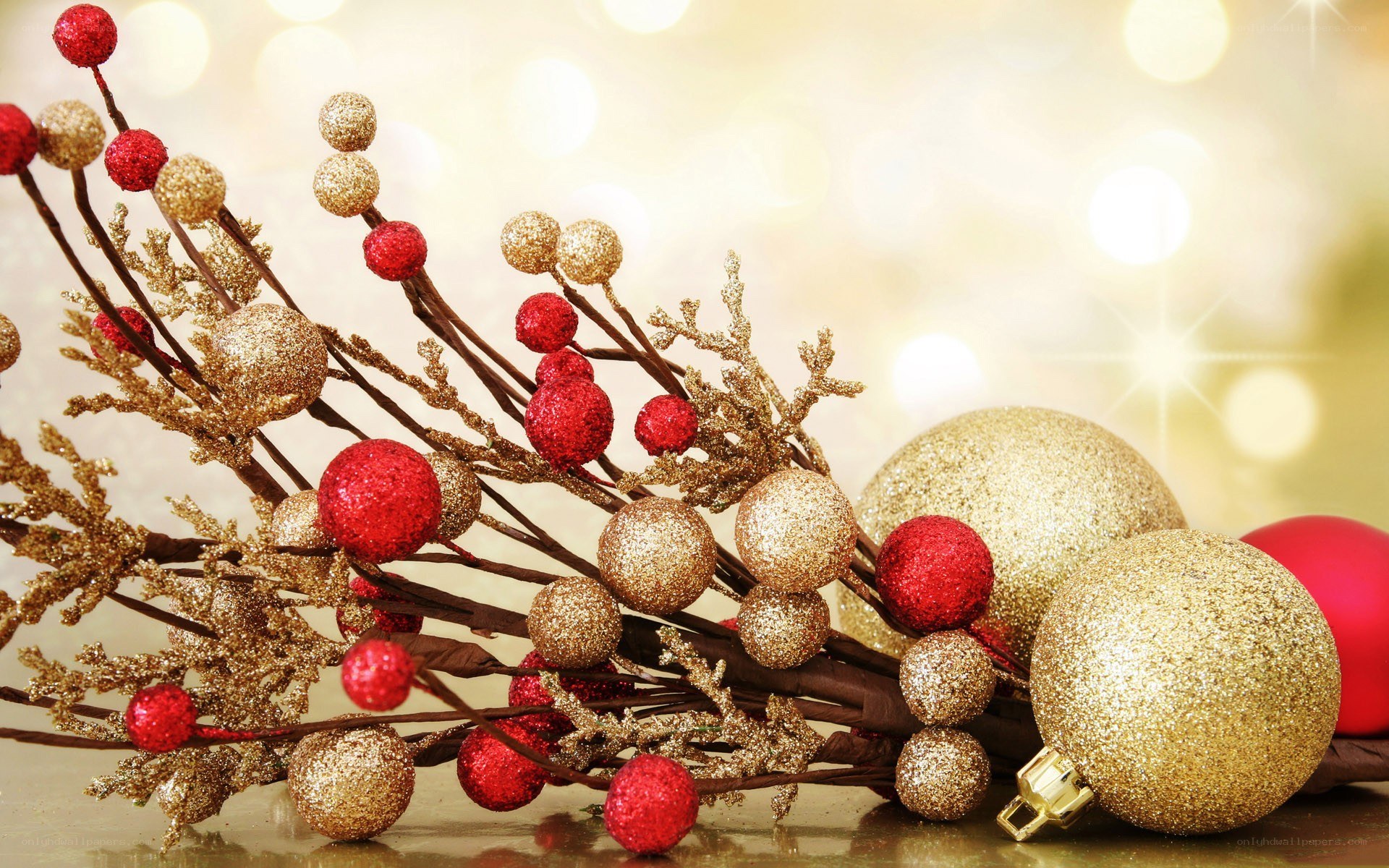 glittery red and gold ornaments