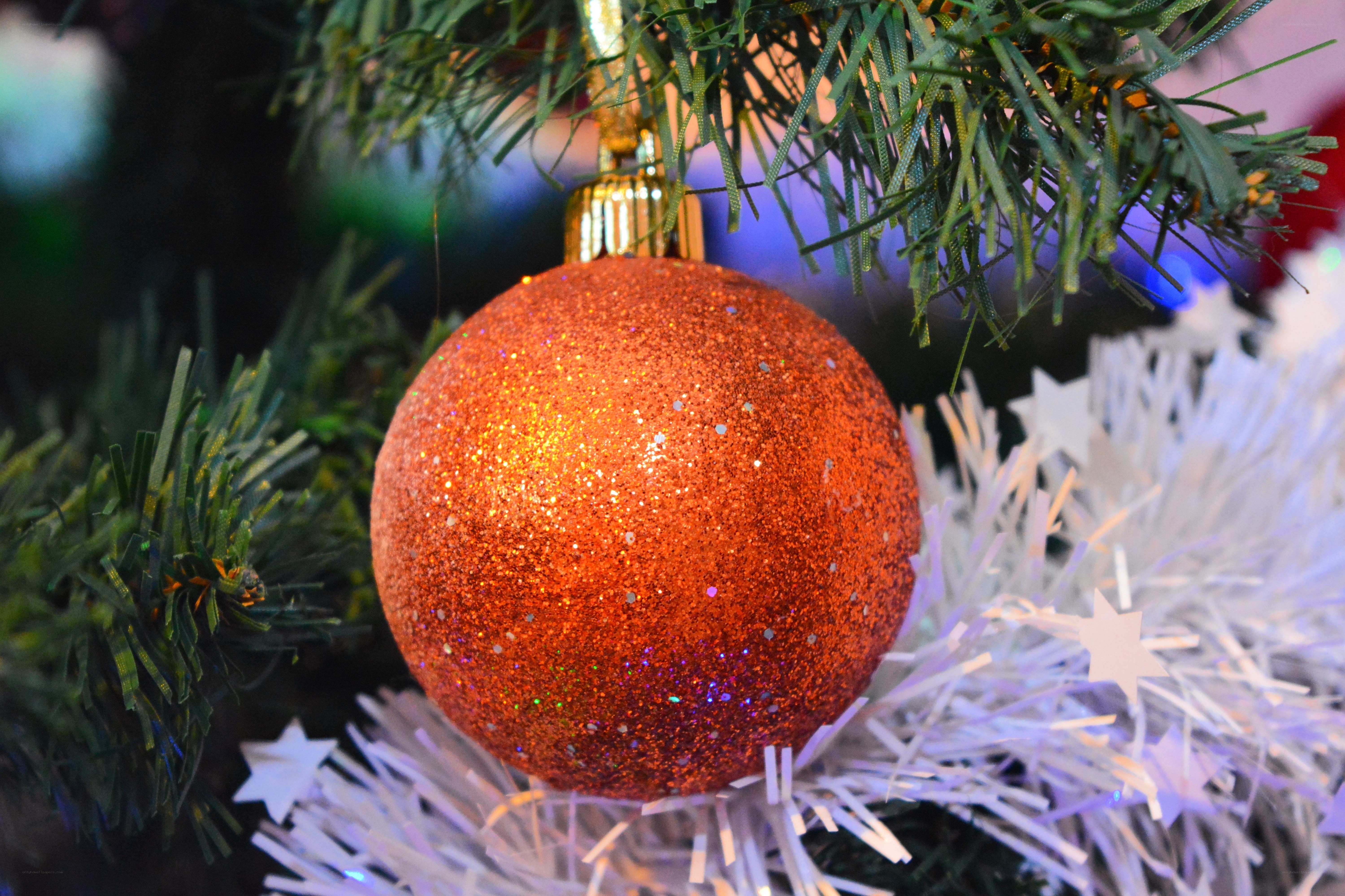 glittery red ornament on tree