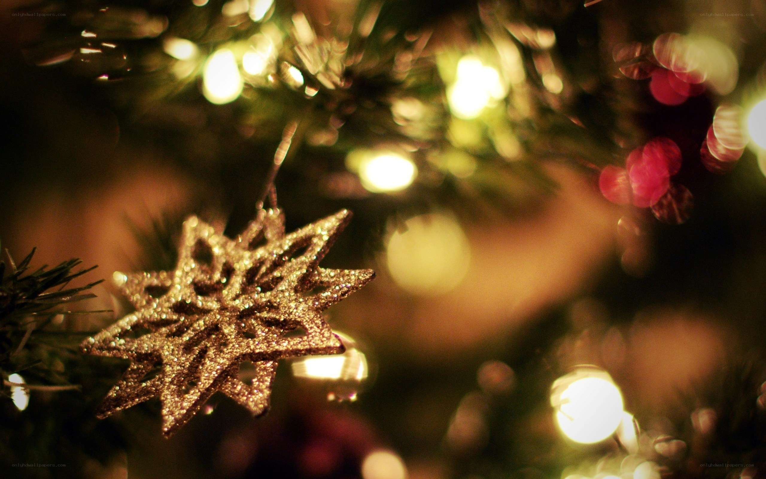 glittery star ornament on tree
