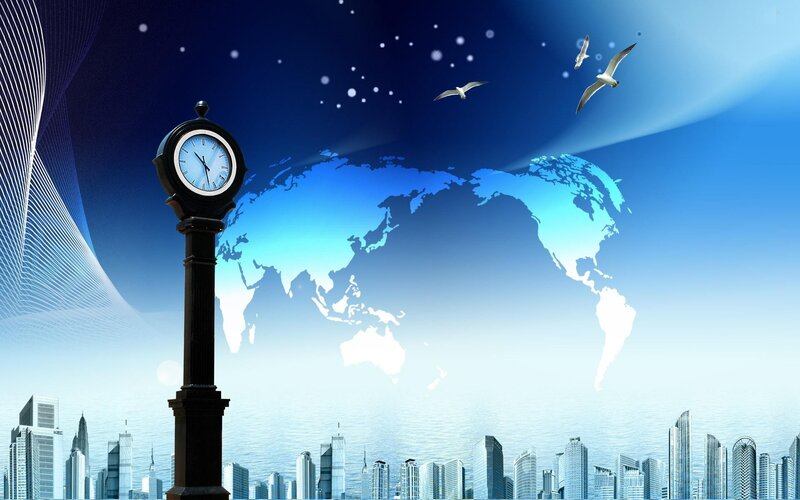global city with clock and world map