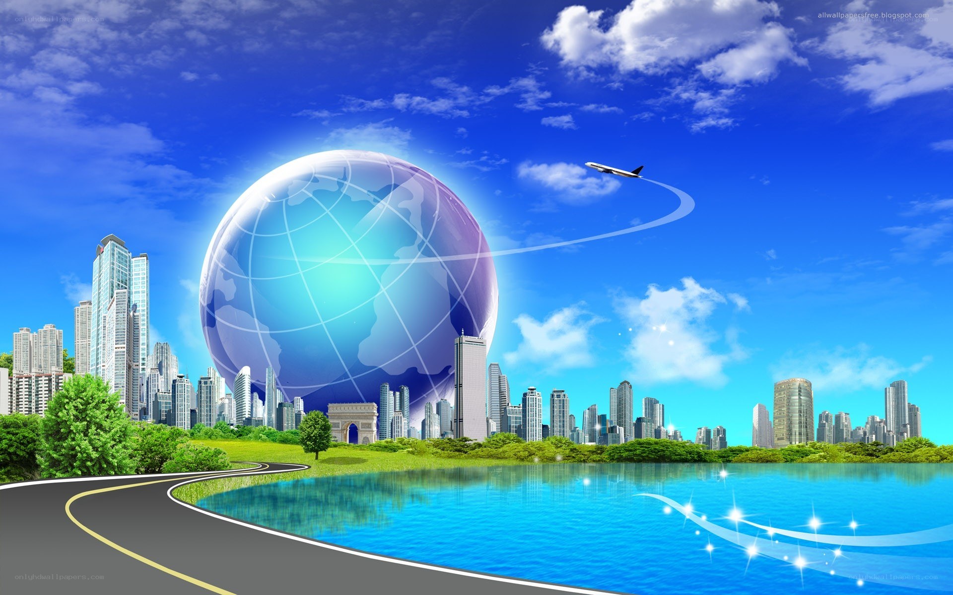 Global city with glowing globe