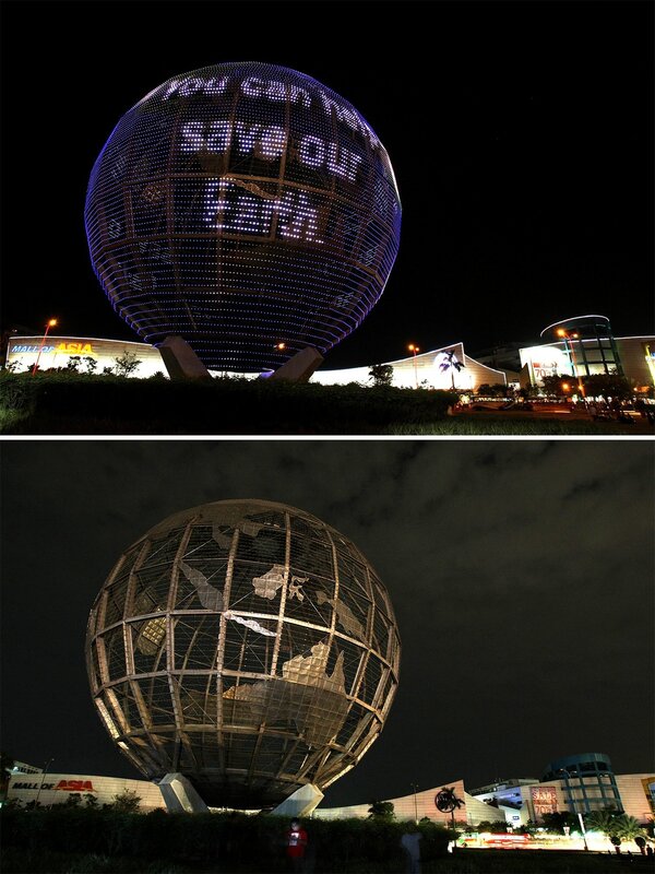 Globe sculpture at night
