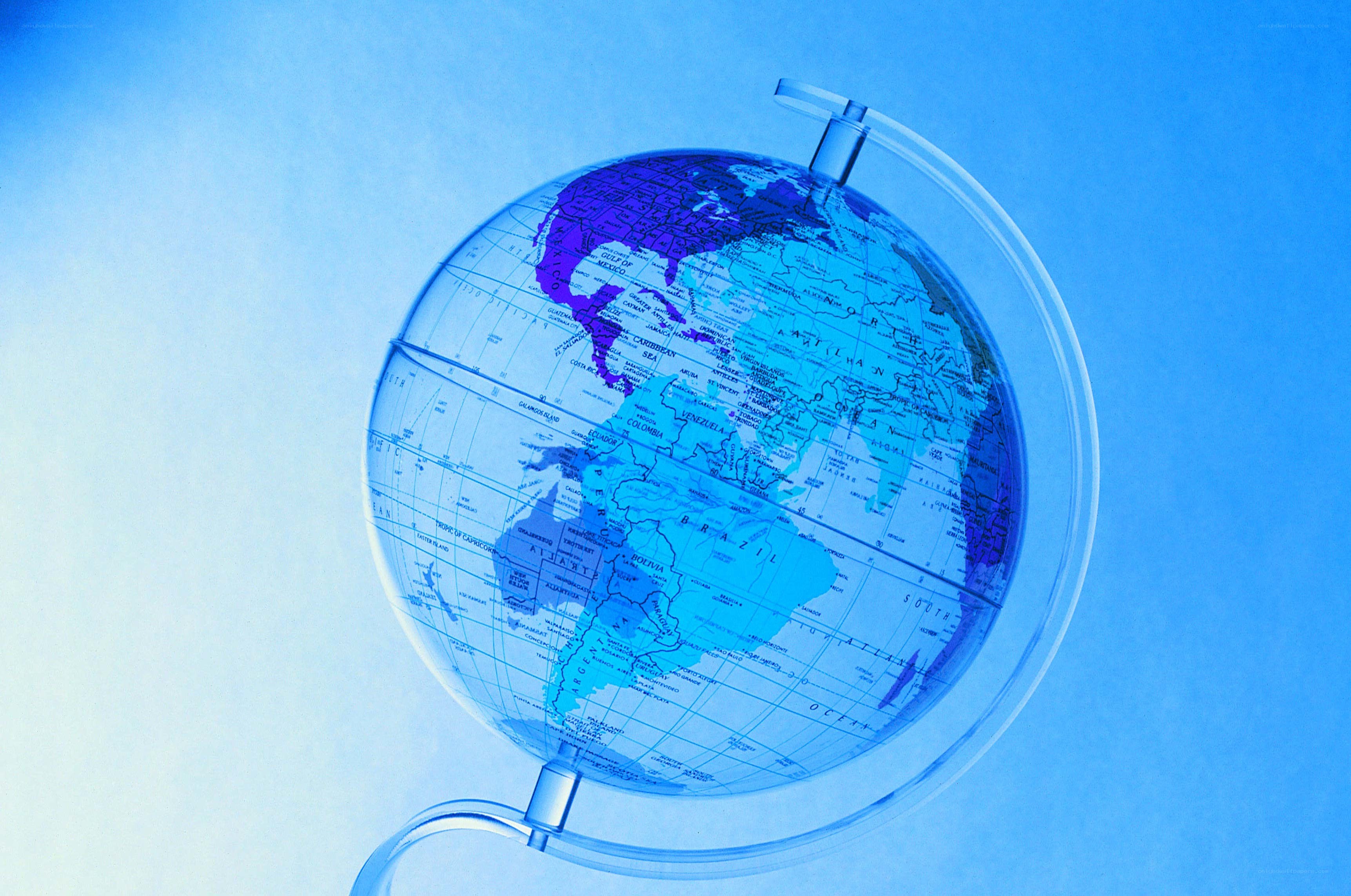 globe with blue and purple continents