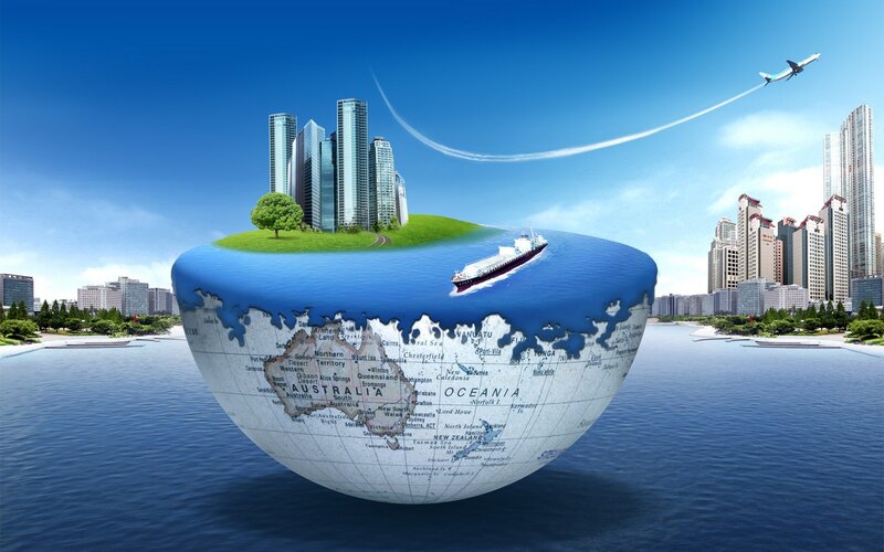 Globe with City and Ship — Blue, Serene