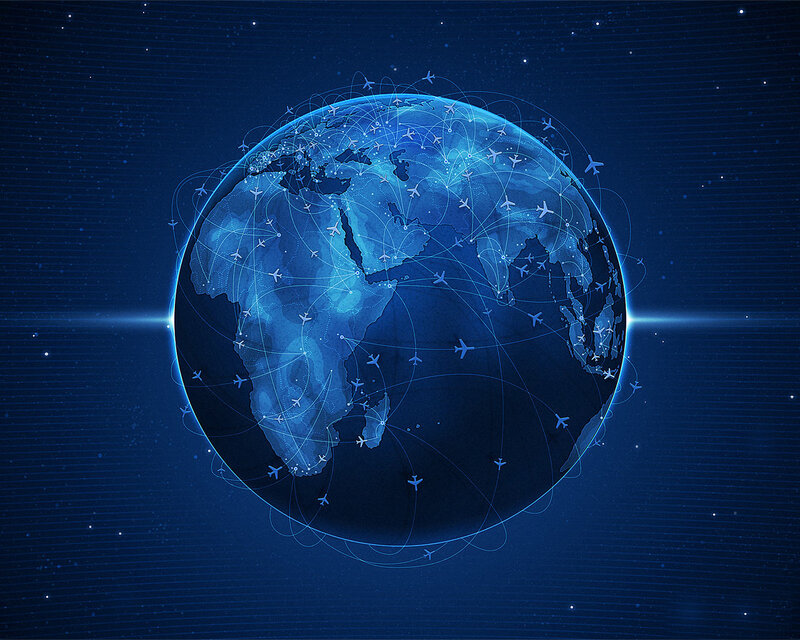 Globe with Flight Paths — Blue, Technological, Night, Digital Art, Airplanes