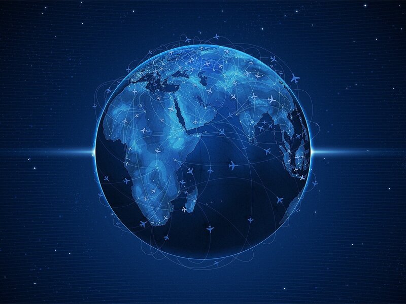 Globe with Flight Paths — Blue, Technological