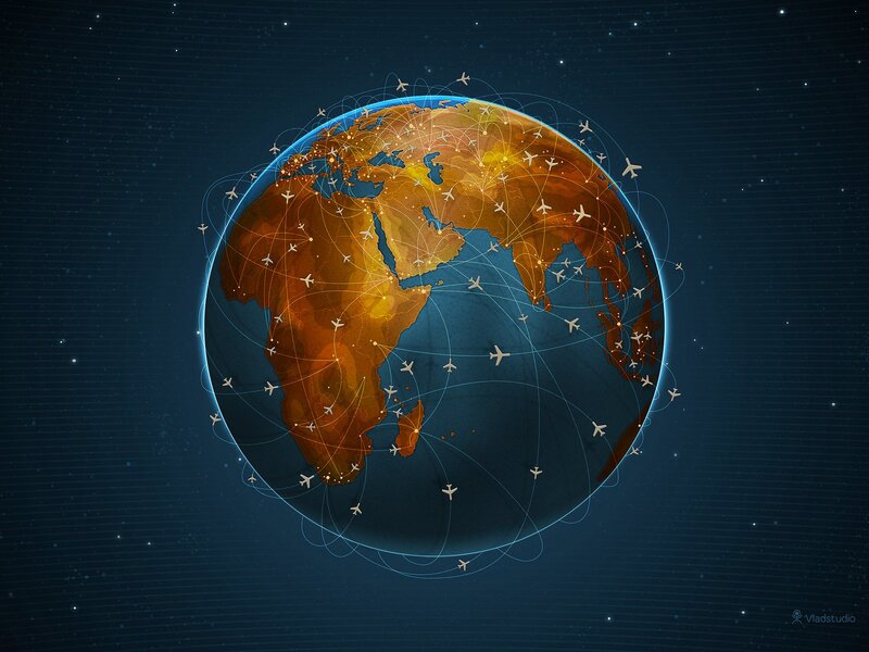 Globe with Flight Paths — Blue