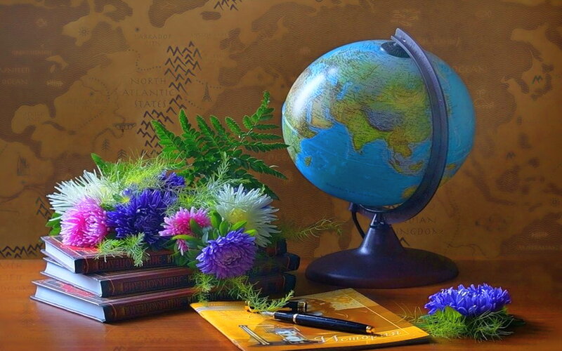 Globe with Flowers and Books