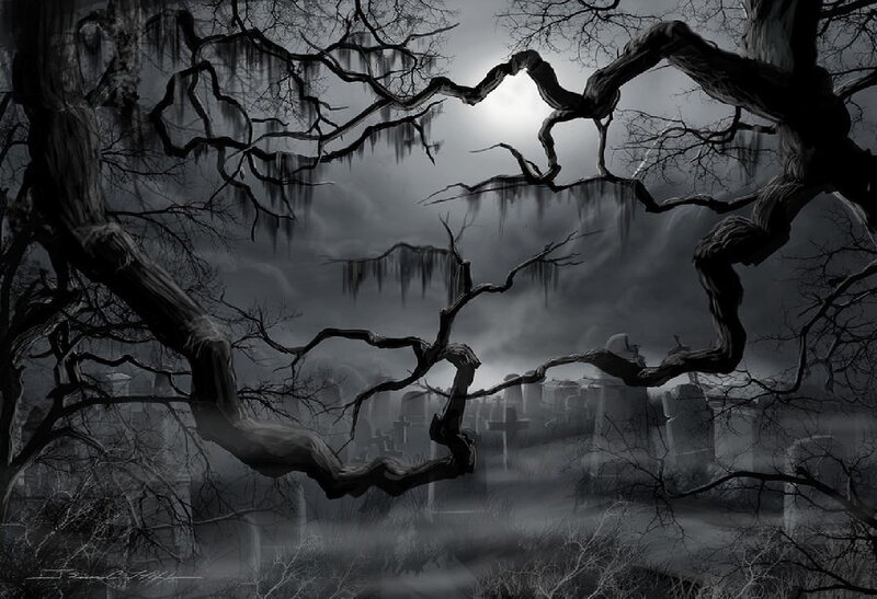 Gloomy Cemetery at Night