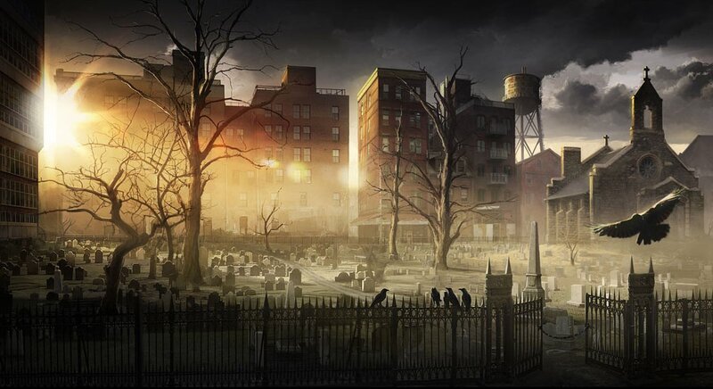 Gloomy city cemetery at dusk