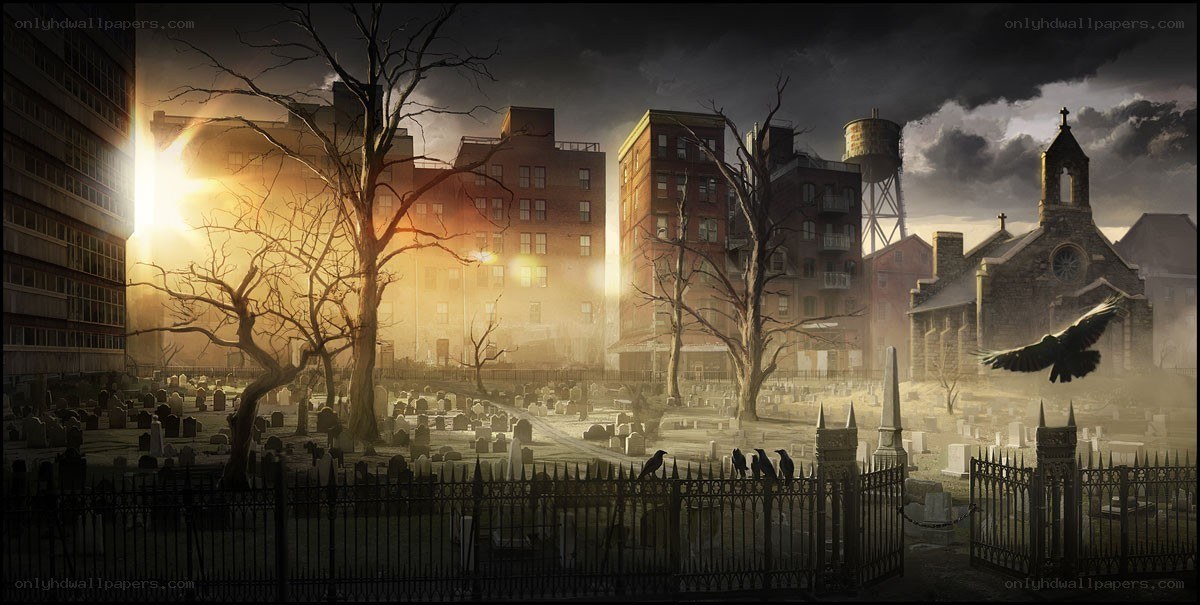 Gloomy city cemetery at sunset
