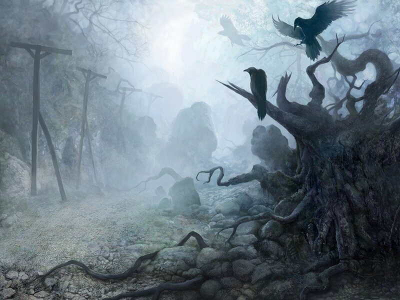 Gloomy forest with crows
