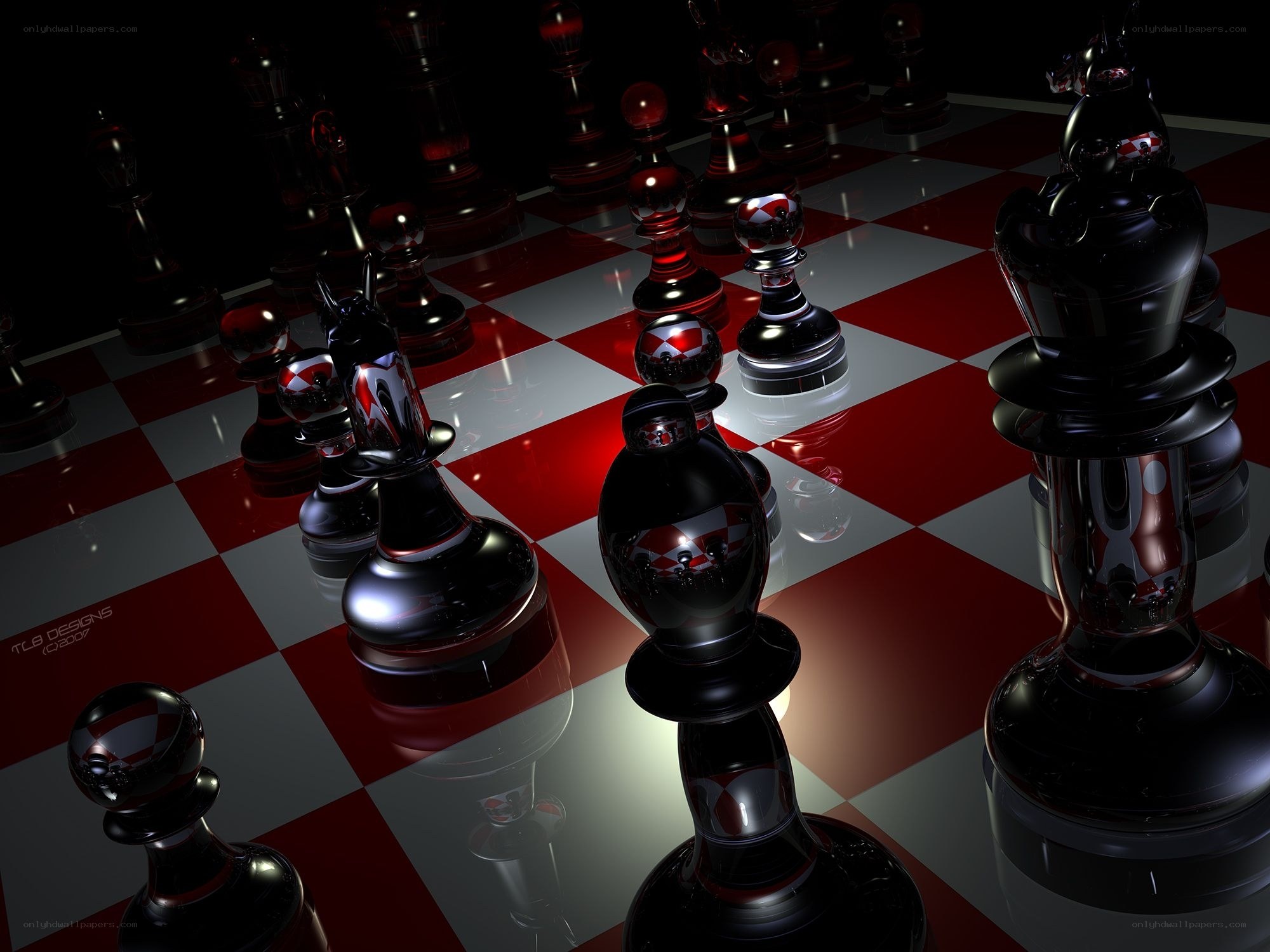 Glossy chess pieces on red board