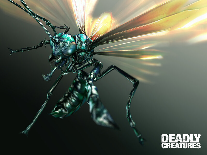 Glossy green insect in flight