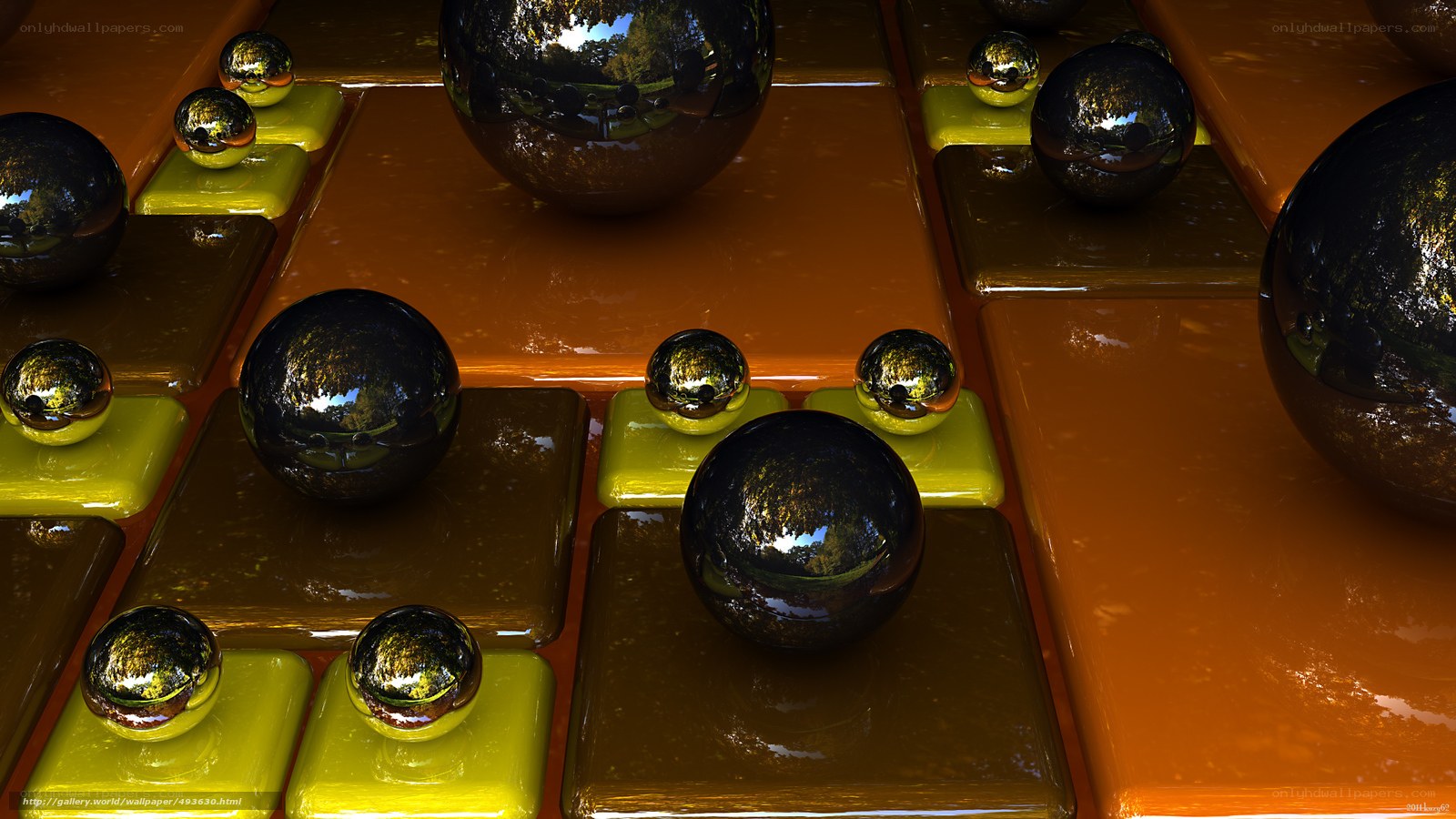 Glossy spheres on colored tiles