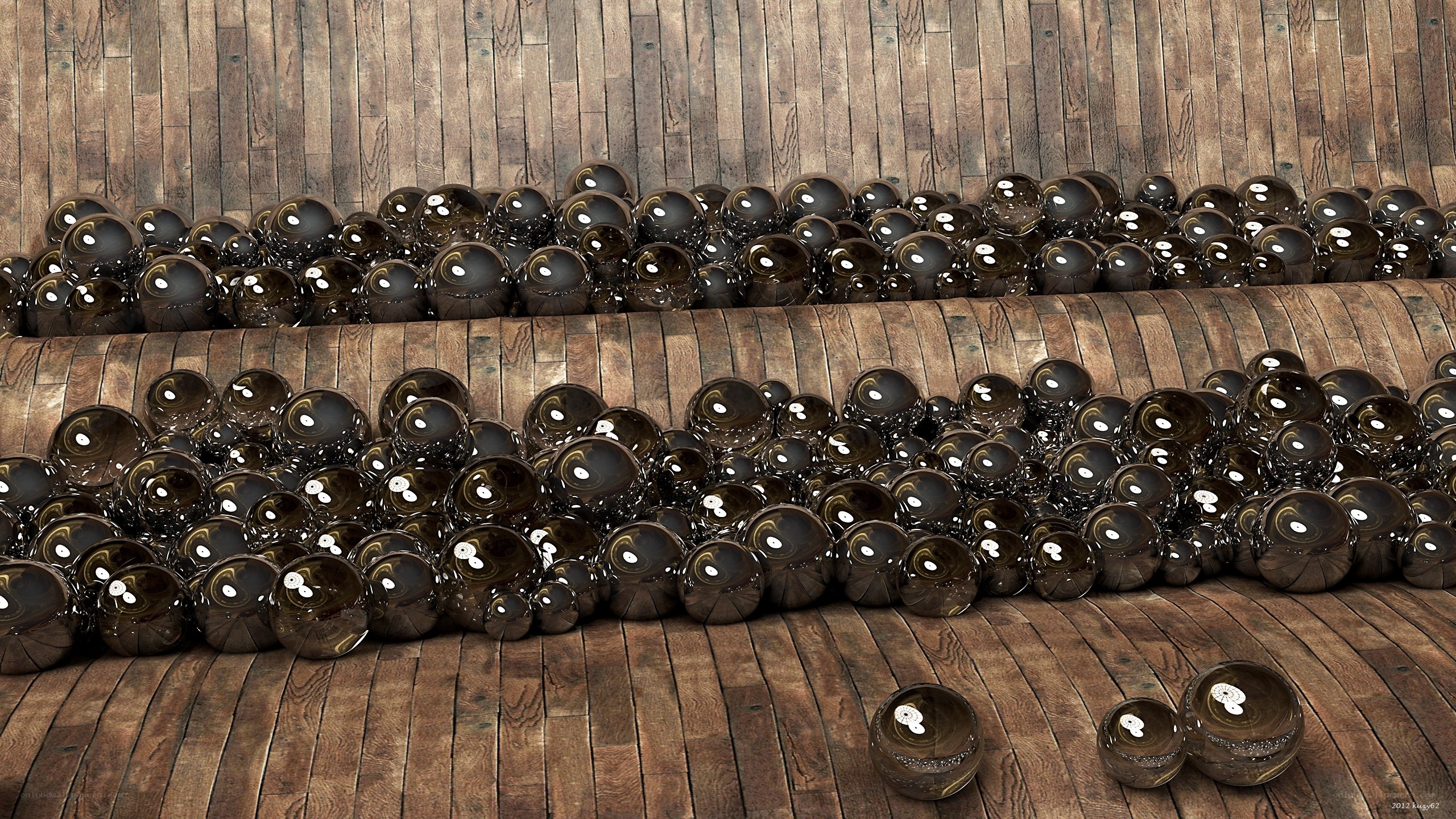Glossy spheres on wood