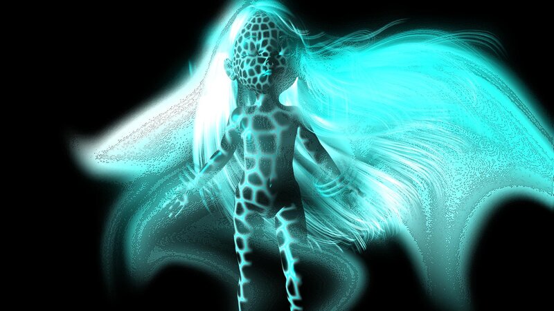 glowing alien figure with flowing hair