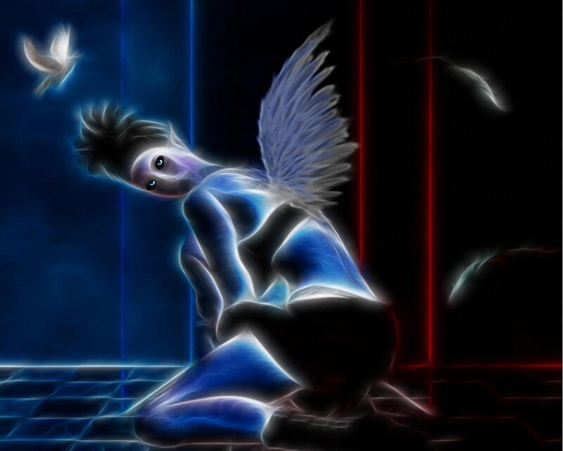 glowing angel in neon room