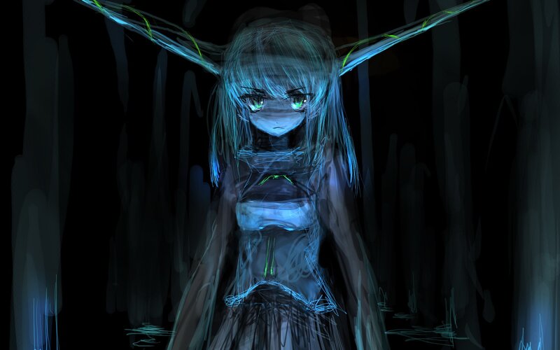 glowing anime girl in dark forest