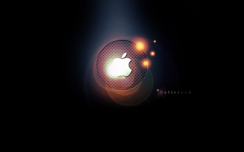Glowing Apple Logo — Black, Dramatic, Digital Art, Light Flare, Perforated Circle