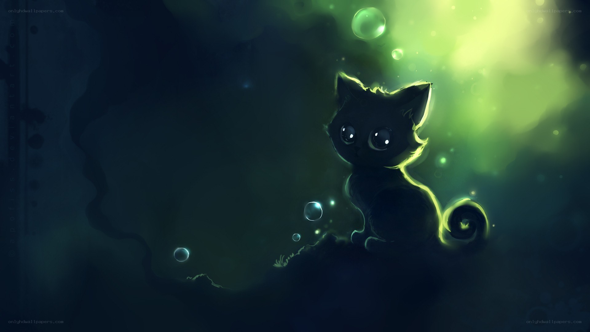 glowing black kitten underwater