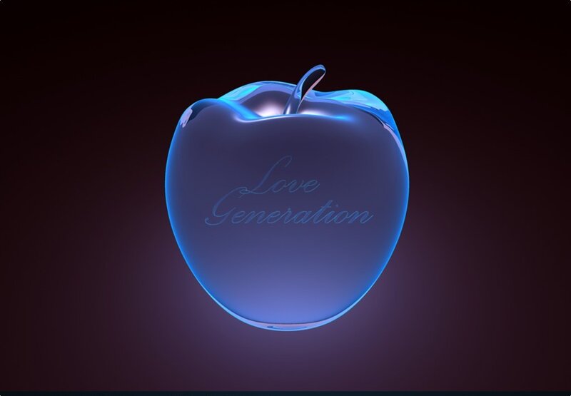 glowing blue apple with text