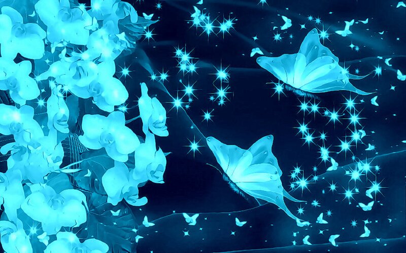 Glowing Blue Butterflies — Dreamy, Night, Digital Art, Flowers