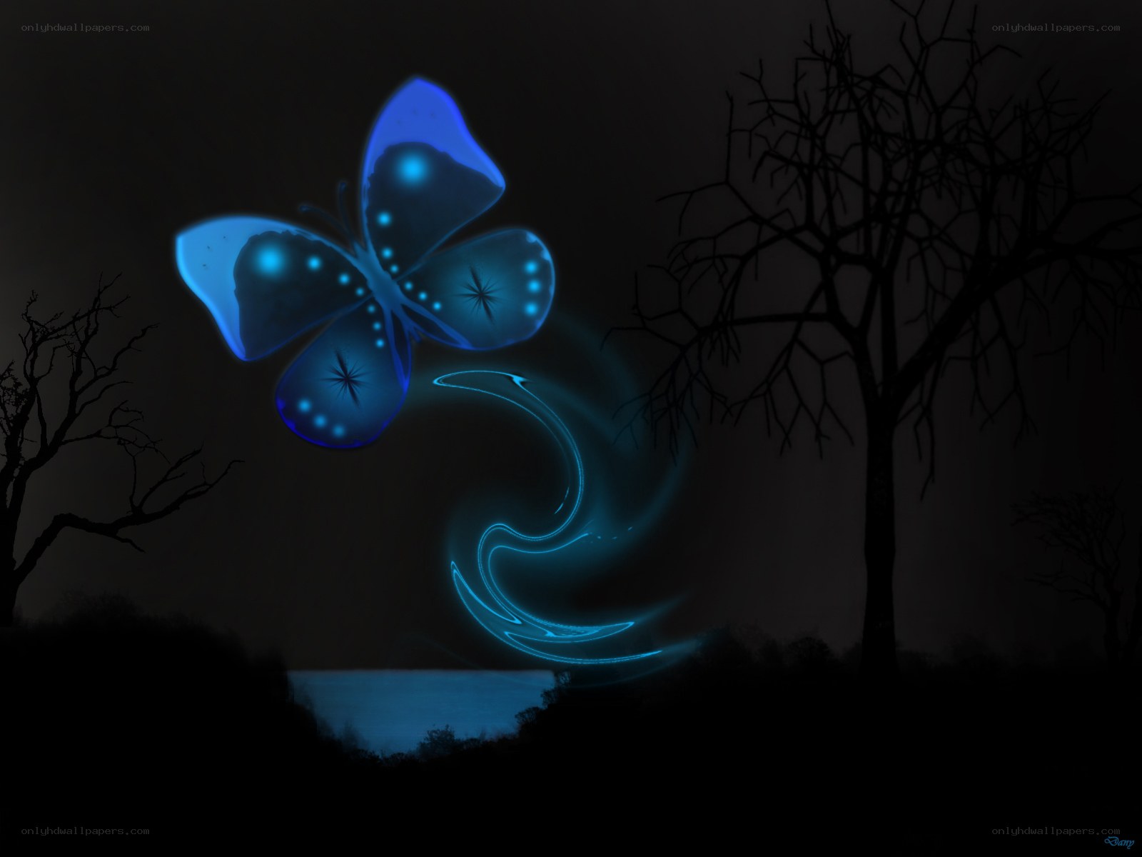 glowing blue butterfly at night