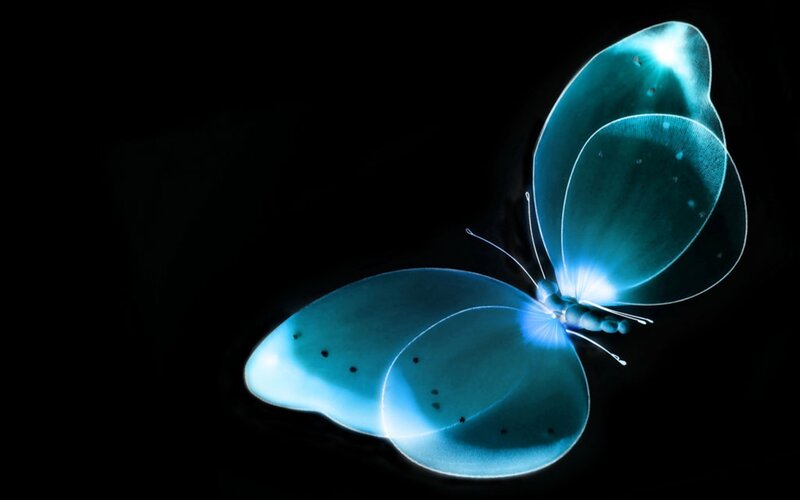 Glowing Blue Butterfly — Dramatic, Night, Digital Art, Wings, Antennae, Dark Background
