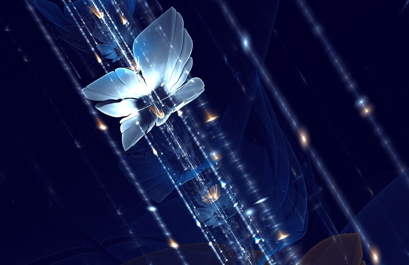 glowing blue butterfly in light beams