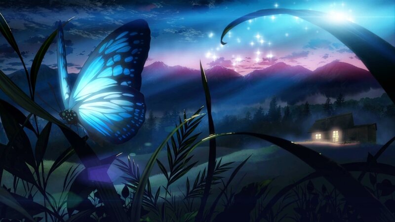 Glowing Blue Butterfly — Serene, Night, Anime, Mountains