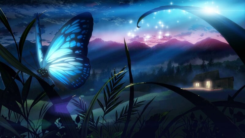 Glowing Blue Butterfly — Serene, Night, Anime