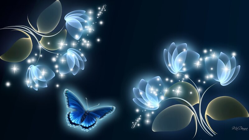 Glowing Blue Butterfly — Serene, Night, Digital Art
