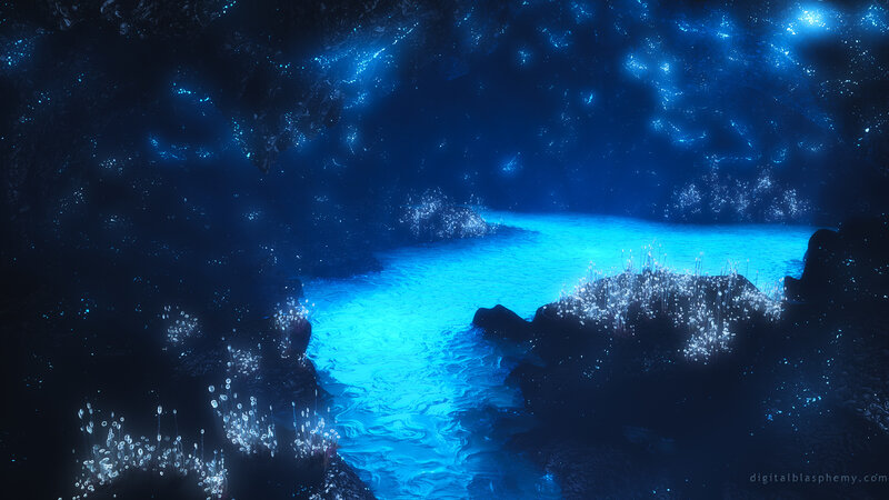 glowing blue cave river
