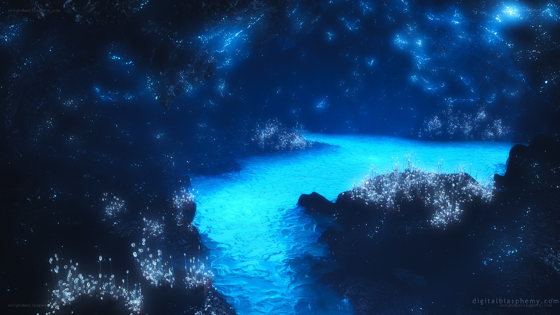 glowing blue cave river