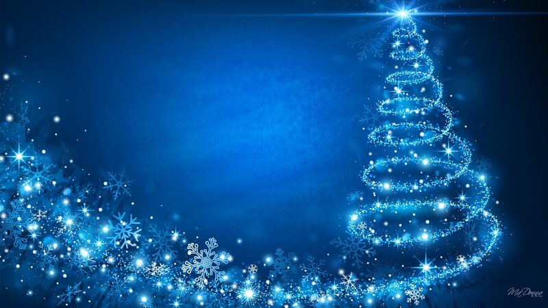 Glowing Blue Christmas Tree — Festive, Winter, Digital Art, Snowflakes