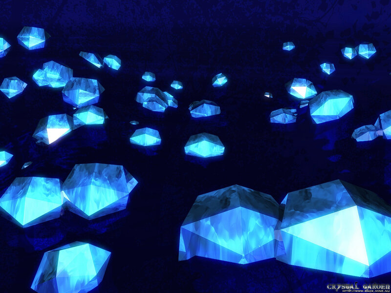glowing blue crystals in dark cave
