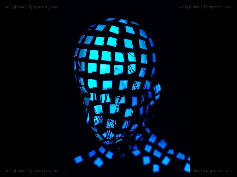glowing blue cube head sculpture
