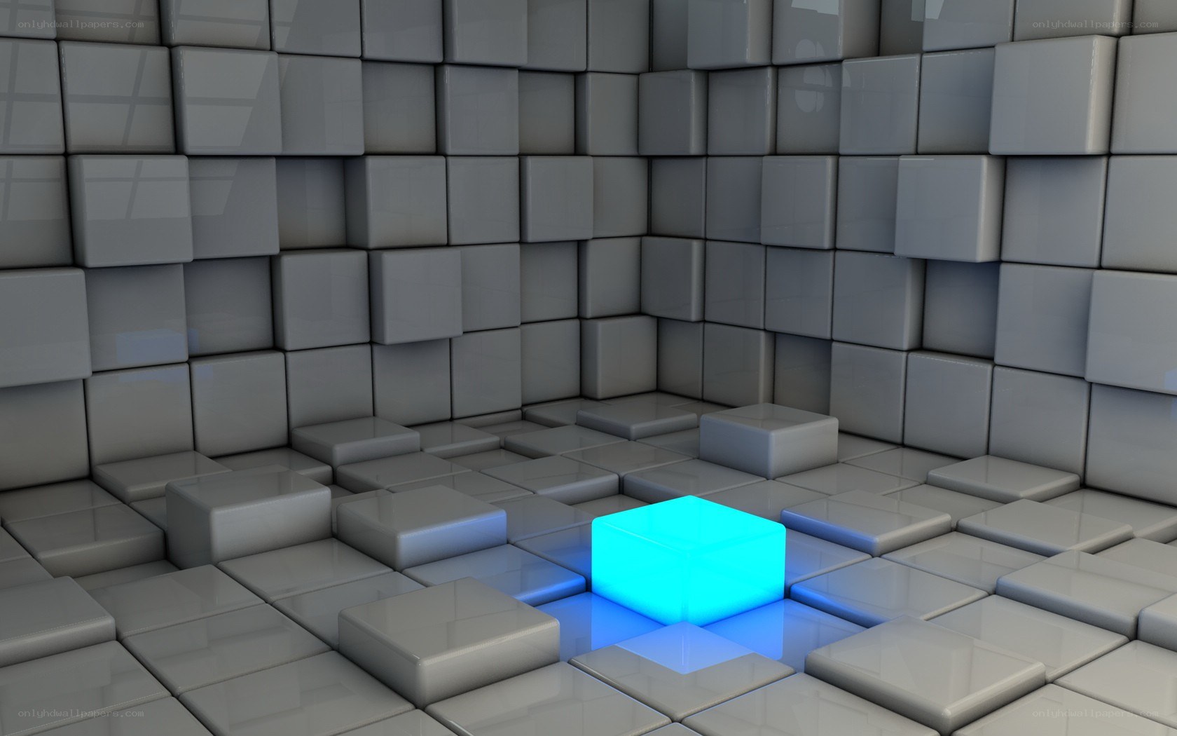 glowing blue cube in gray room