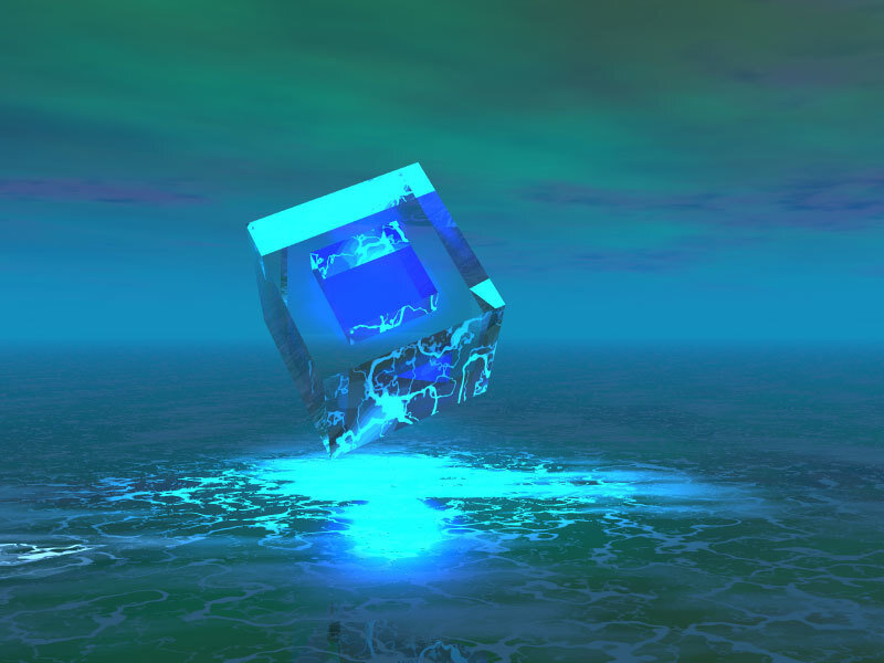 glowing blue cube over water