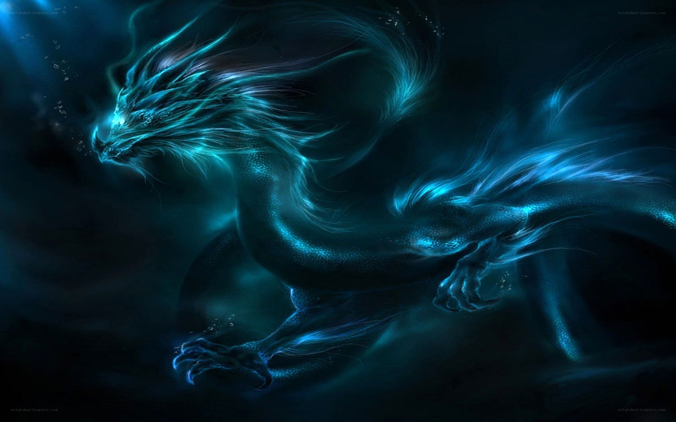 glowing blue dragon in water
