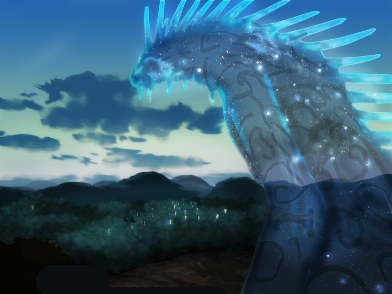 glowing blue dragon over landscape