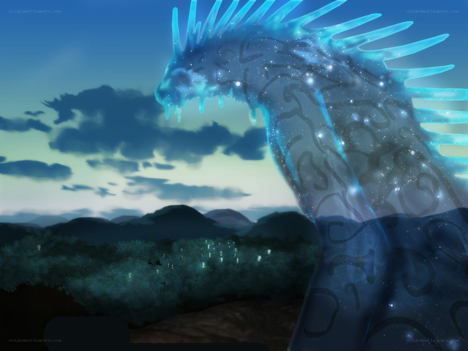 glowing blue dragon over landscape