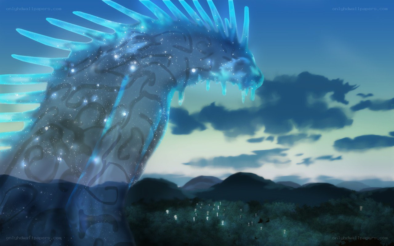 glowing blue dragon over landscape
