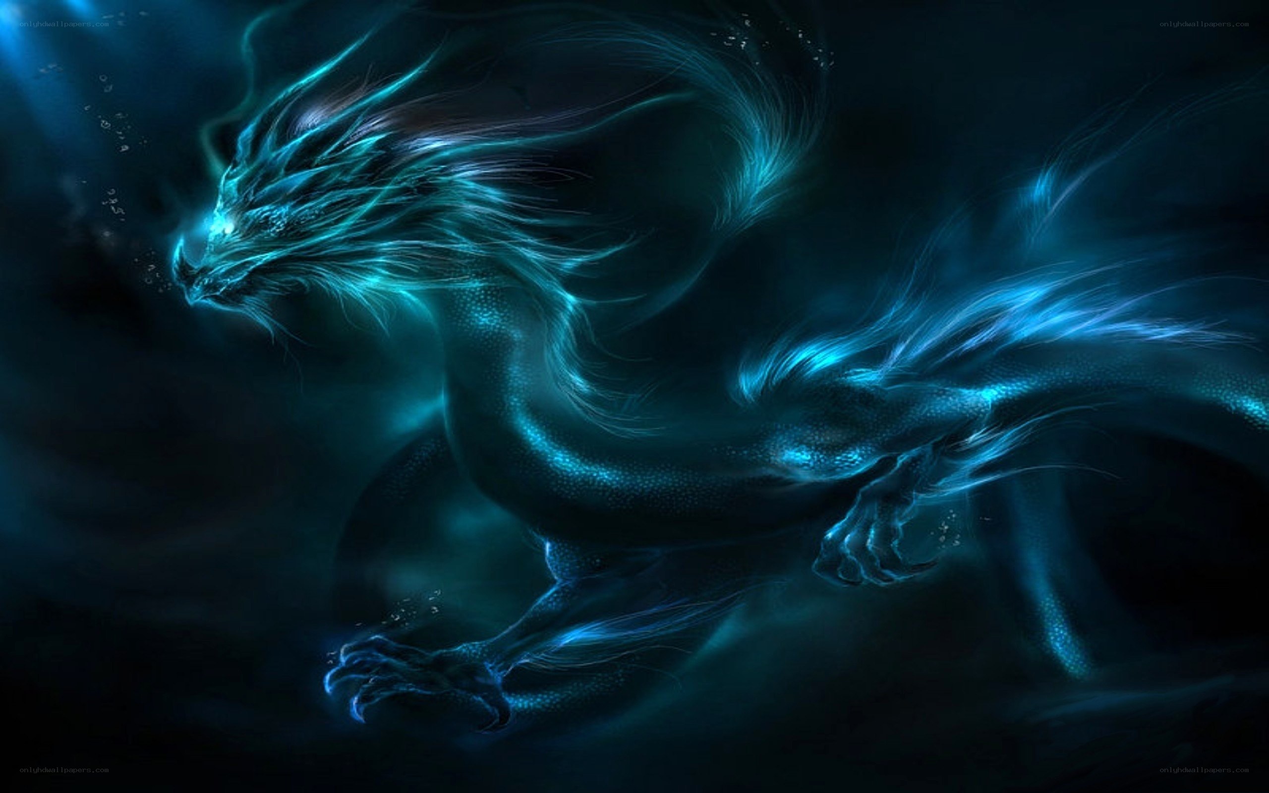 glowing blue dragon underwater