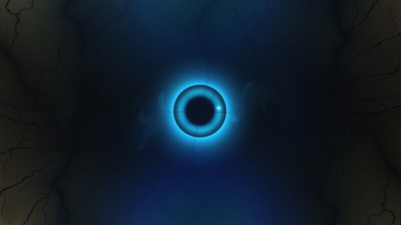 glowing blue eye in dark space
