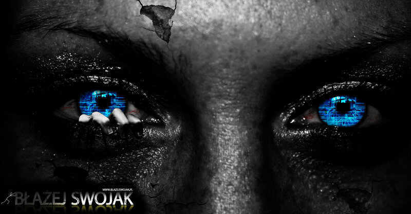 glowing blue eyes with cracked skin