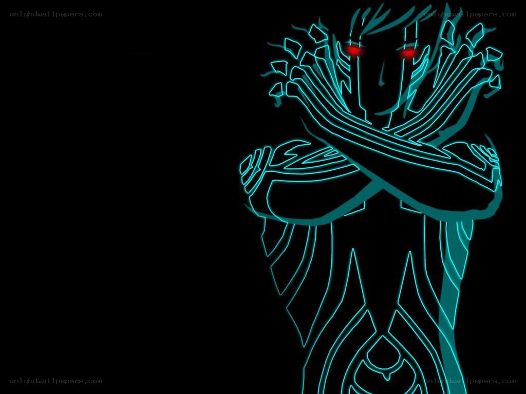 glowing blue figure with red eyes