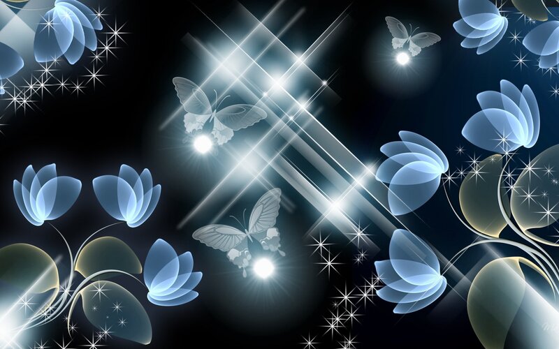 Glowing Blue Flowers and Butterflies