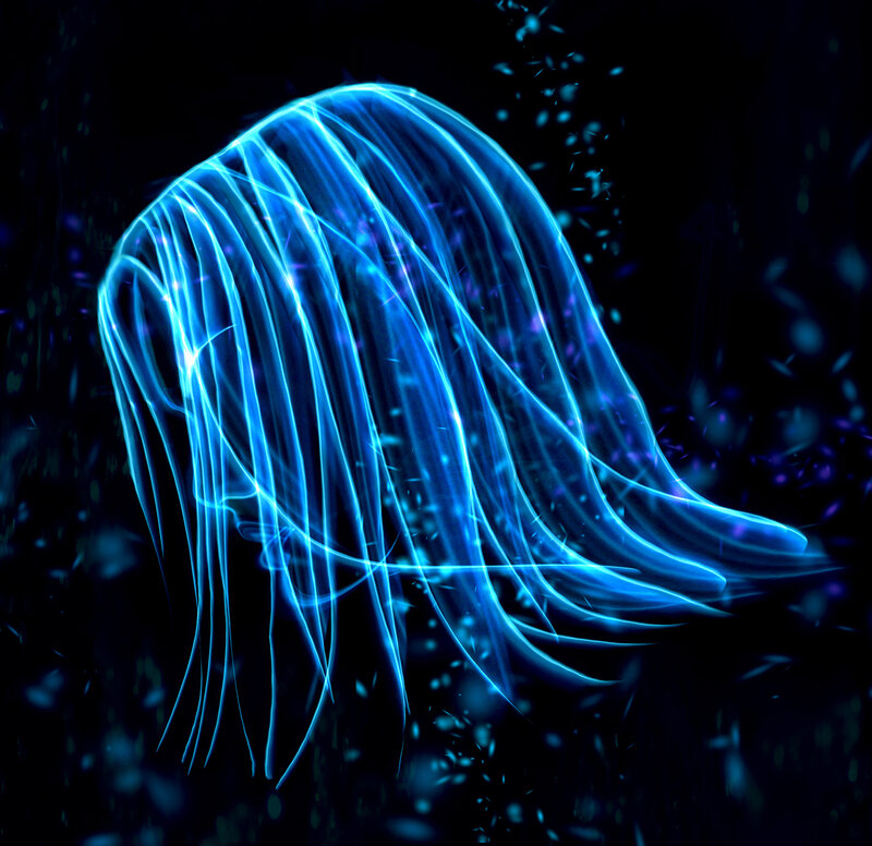 glowing blue hair in dark space